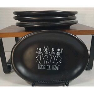 Rae Dunn By Magenta‎ Dancing Skeleton Happy Halloween 4 Pc Black Oval Plates 8x6